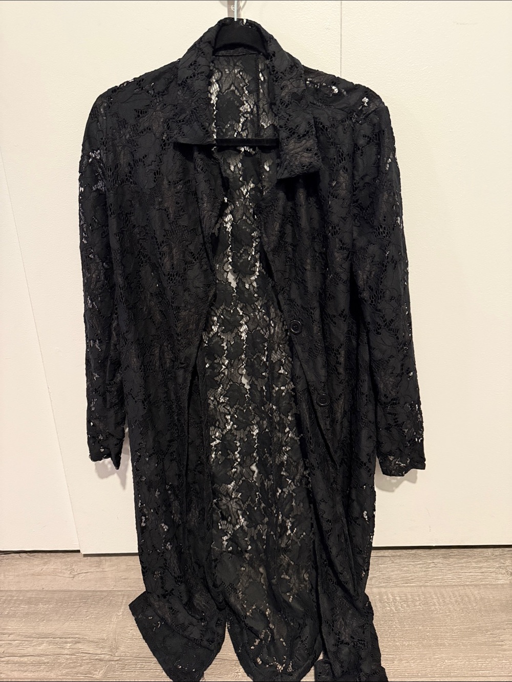 SHEIN Black Sheer Floral Lace Longline Robe
